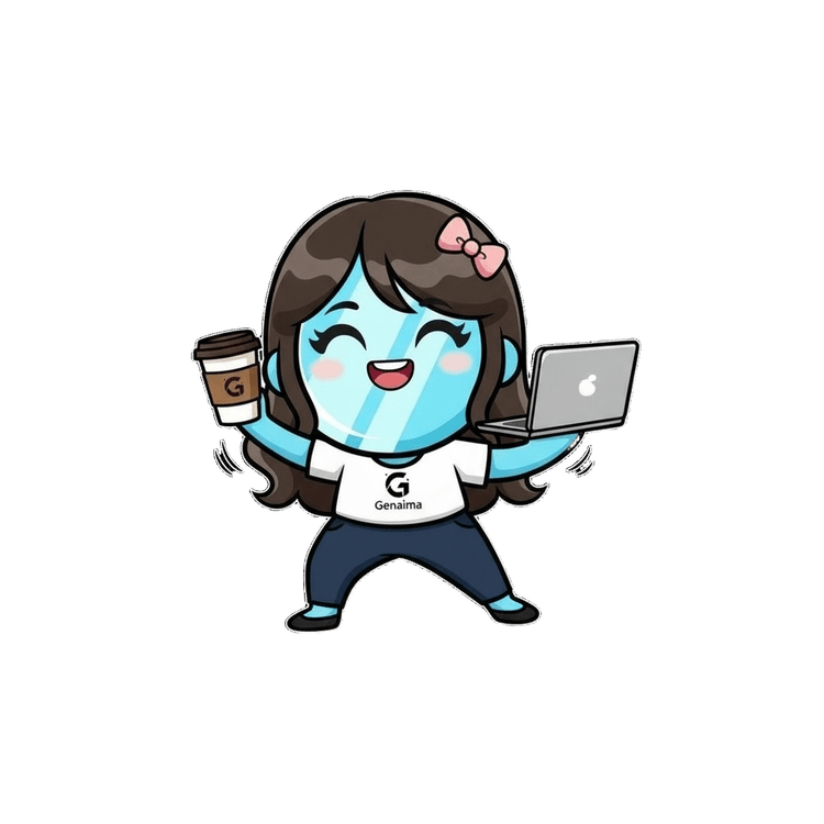 Genaima mascot celebrating with laptop and coffee
