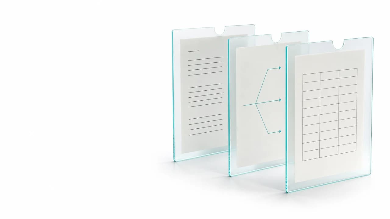Glass document sleeves representing prompts, workflow selection and measurement.